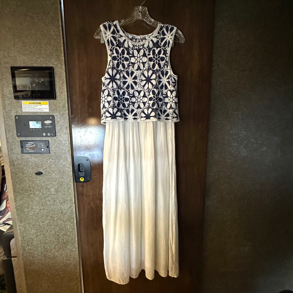 Kings Road Womens Navy White Floral Crochet Bodice Sleeveless Maxi Dress Small